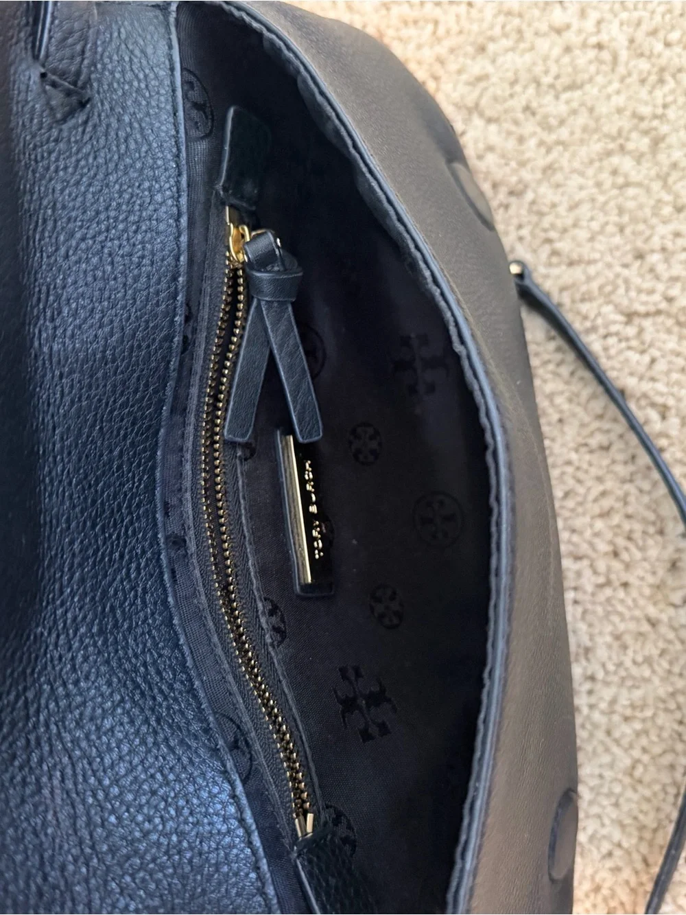 Tory Burch Black Leather Crossbody Bag with Gold Logo and Chain